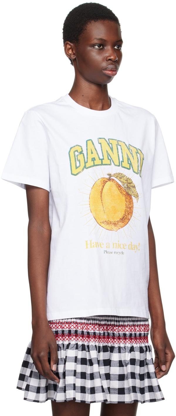 Ganni レディース ホワイト Peach Tシャツ トップス