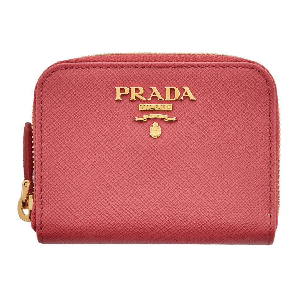 Prada Leather Pink Mini Zip Around Wallet - Lyst