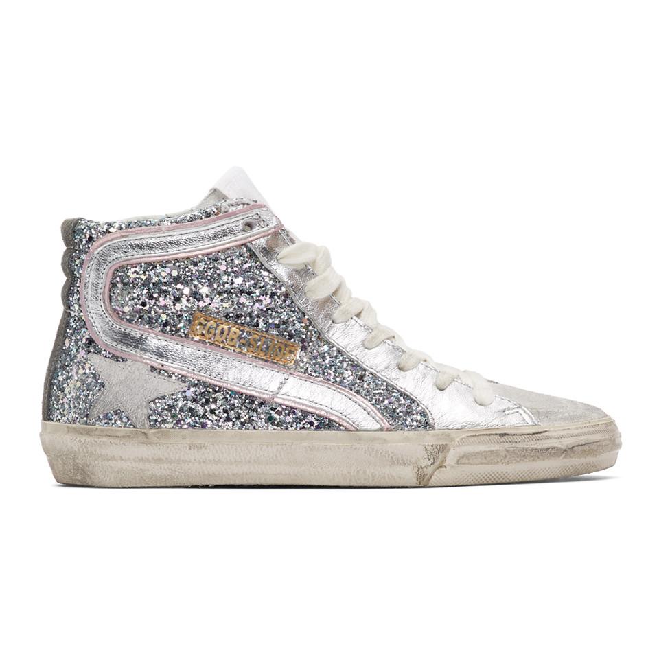 Golden Goose Silver And Pink Glitter Slide Sneakers in Metallic | Lyst