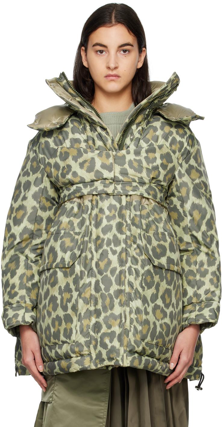 Sacai レディース グリーン カーキ レオパード プリント 中綿 
