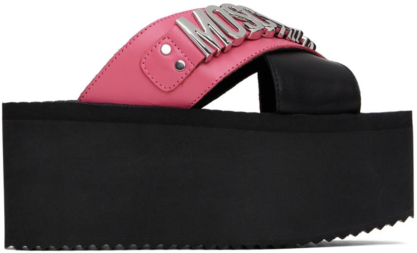 Moschino Black Pink Logo Lettering Wedge Sandals Lyst