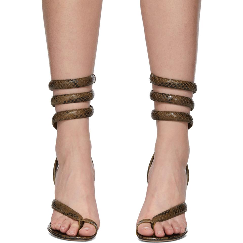 Bottega Veneta Leather Khaki Python Heeled Sandals in Natural | Lyst