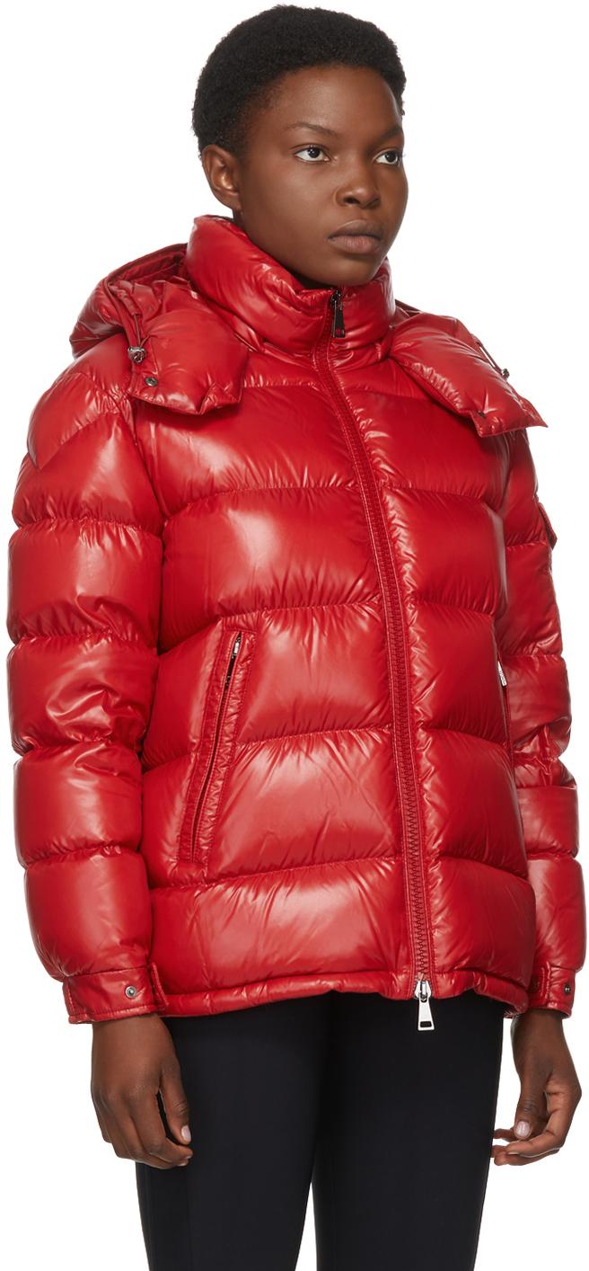 moncler red puffer jacket with fur hood