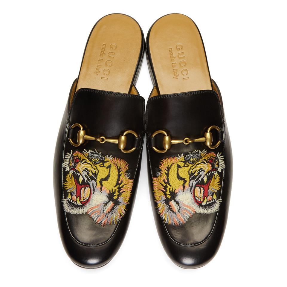 Gucci Leather Black Tiger Princetown Slippers for Men - Lyst