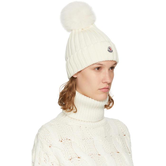 Moncler Off-white Fur Pom Pom Beanie | Lyst