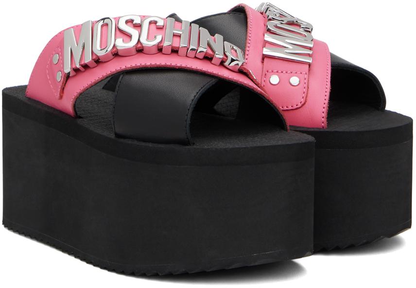 Moschino レディース ブラック & レタリングロゴ ウェッジサンダル ヒール