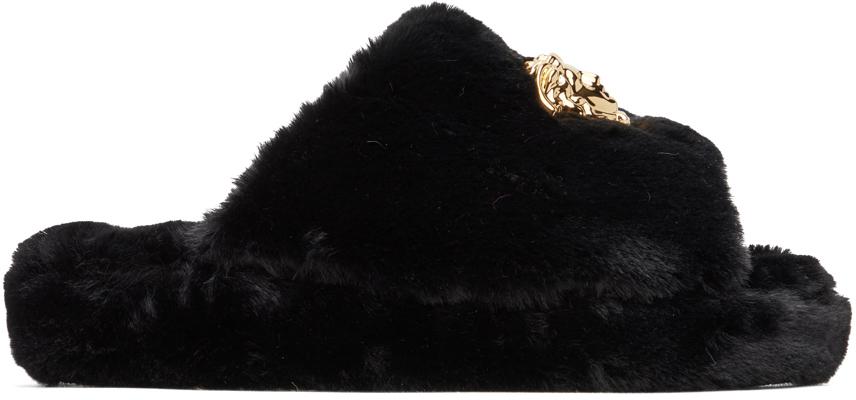 Versace Black la Medusa House Faux fur Slippers Lyst UK