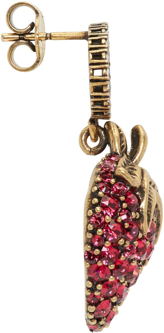 GUCCI Crystal Embellished Strawberry Necklace Red Aged Gold 951074