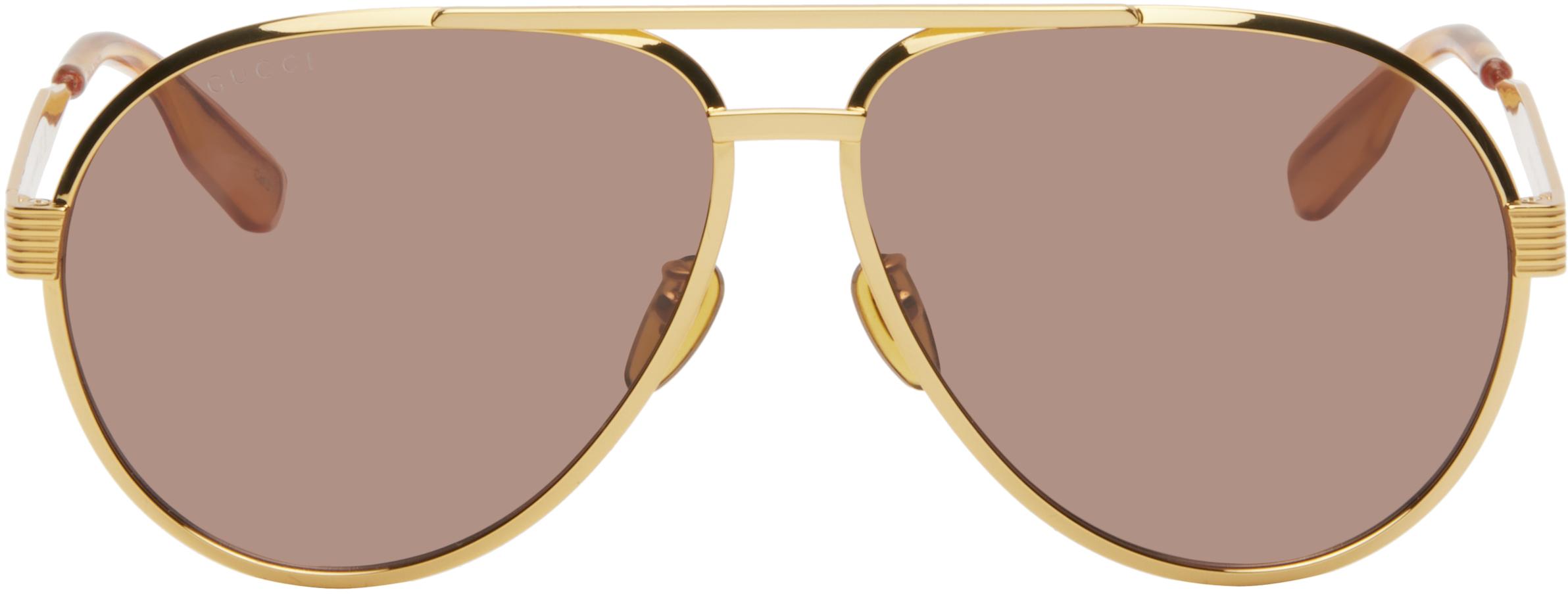 Gucci メンズ ブラック ゴールド アビエイターサングラス サングラス