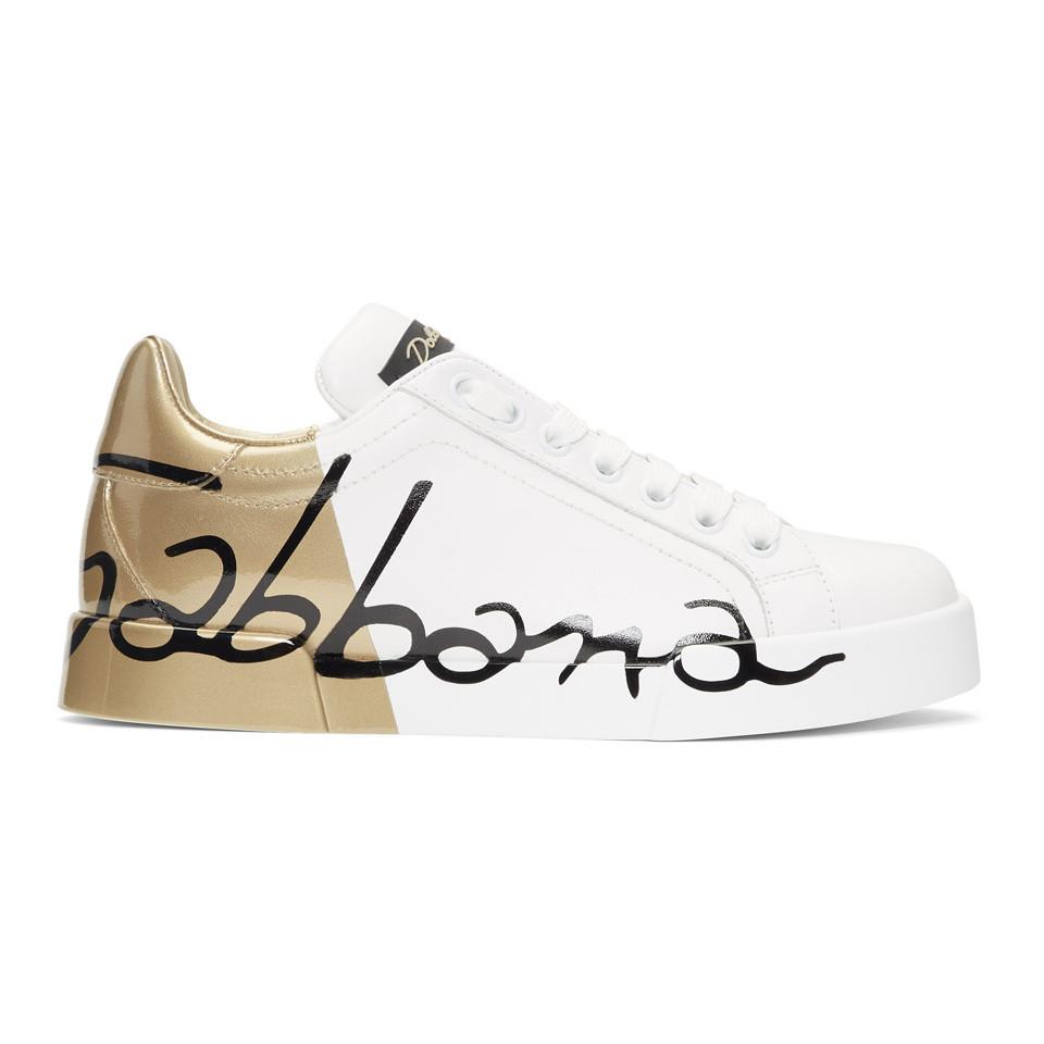 Dolce & Gabbana White And Gold Leather Portofino Sneakers in Metallic ...