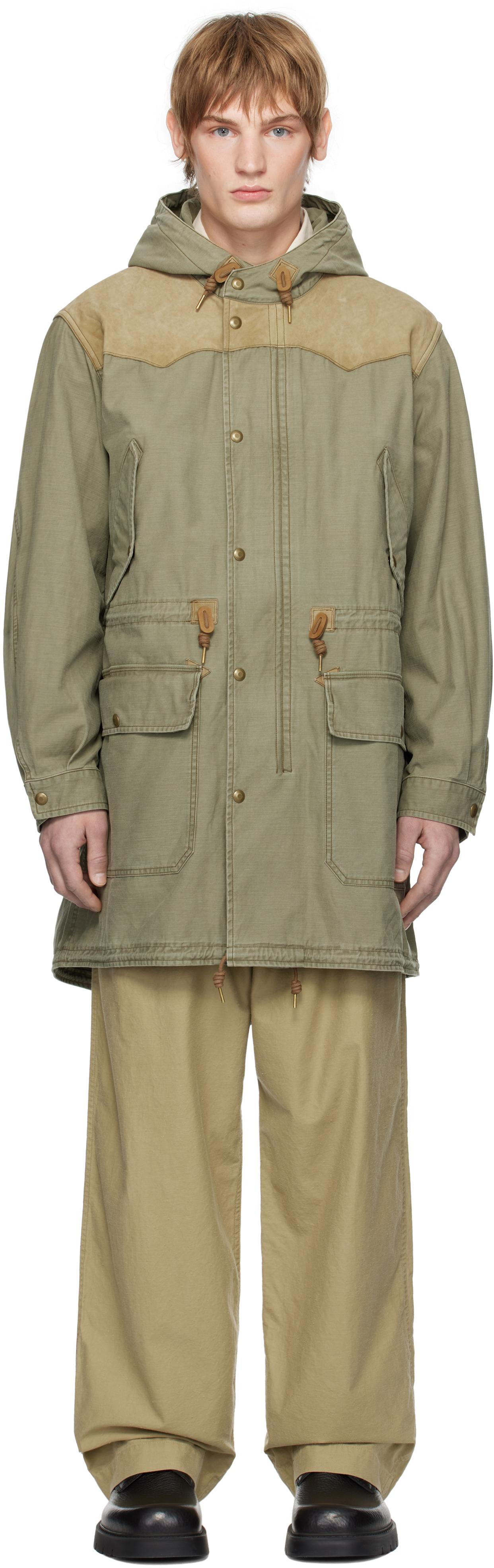 メンズ RRL カーキ レザーヨーク サティーン ジャケット メンズ RRL カーキ レザーヨーク サティーン ジャケット