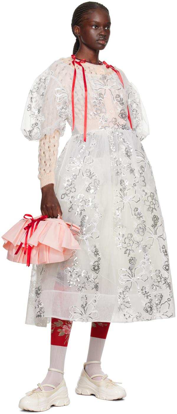simone rocha white dress Rose Puff Sleeve Hip line silhouette Scalloped collar Floral embroidery Side slip pockets Zip closure SIZE Simone Rocha White Puff Sleeve