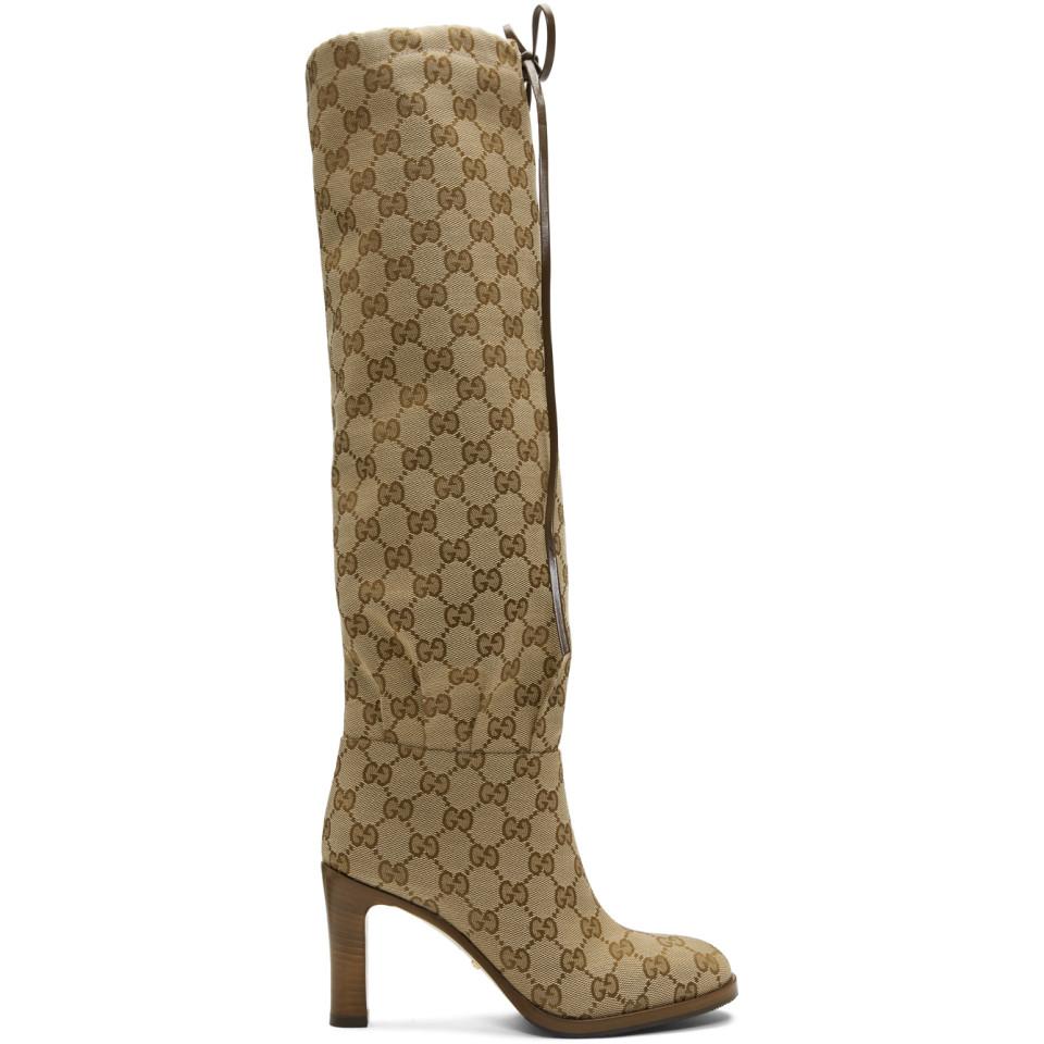 Gucci Beige GG Canvas Mid-heel Boots in Natural | Lyst
