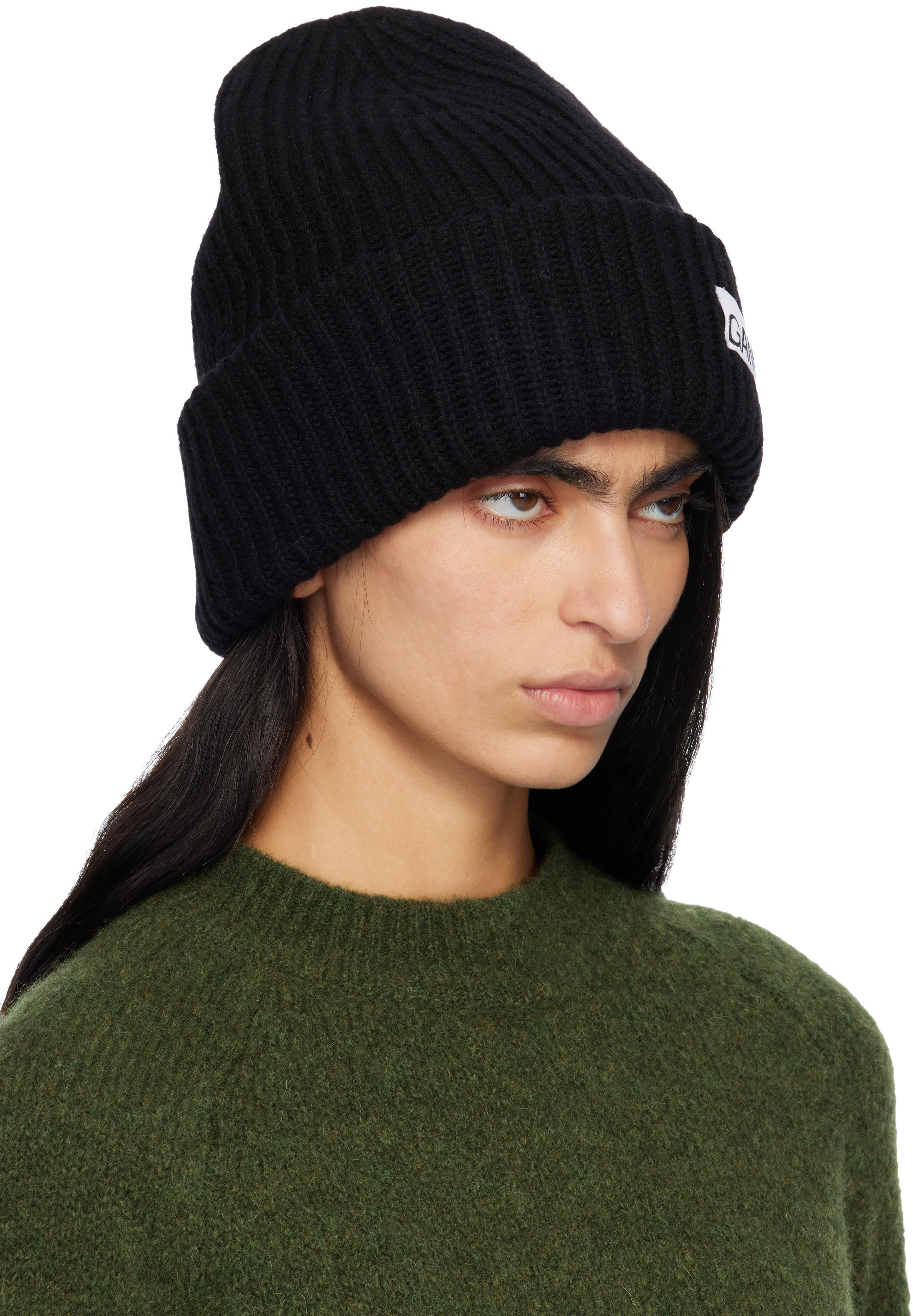 Ganni Green Ribbed Knit Hat with Folded Brim Ganni Folded rib knit beanie hat | The Fashion Square main image 2