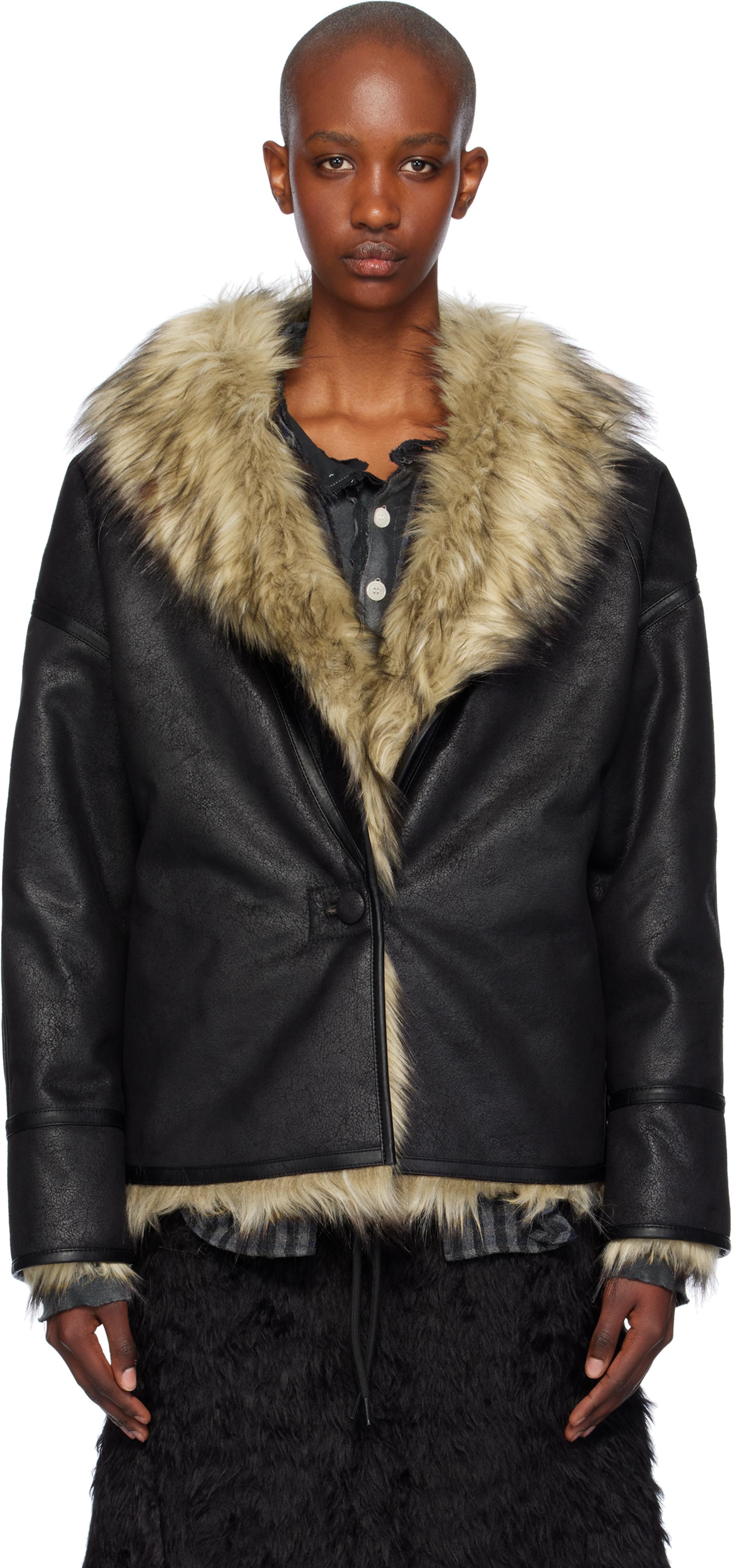 OPEN YY Reversible Faux-Fur Faux-Leather Jacket in Black