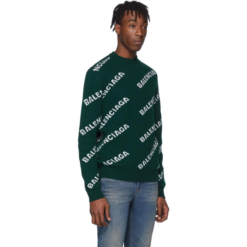 Balenciaga Green Wool Jacquard Logo Crewneck Sweater for Men | Lyst