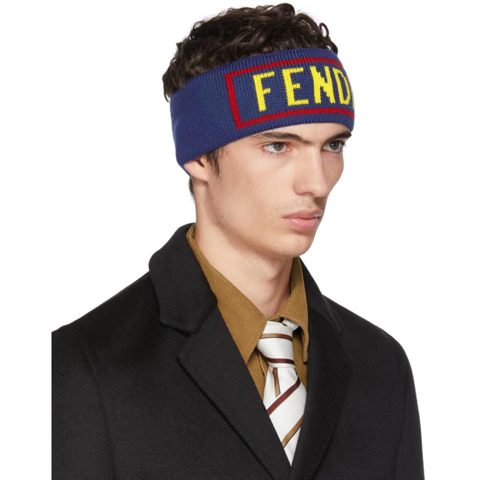 Fendi Wool Blue Logo Headband for Men 