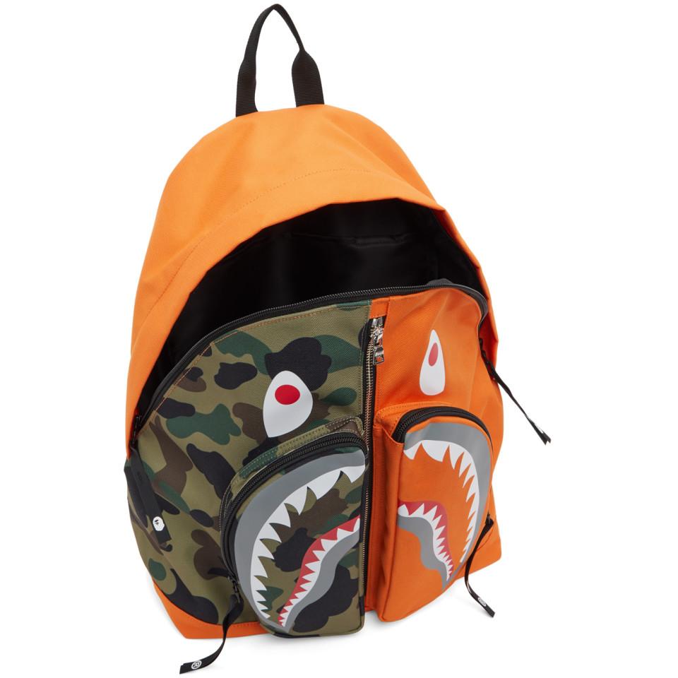 A Bathing Ape Orange And Khaki Camo Shark Day Backpack for Men