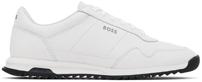 BOSS メンズ ブラック ホワイト シグネチャディテール レザー 