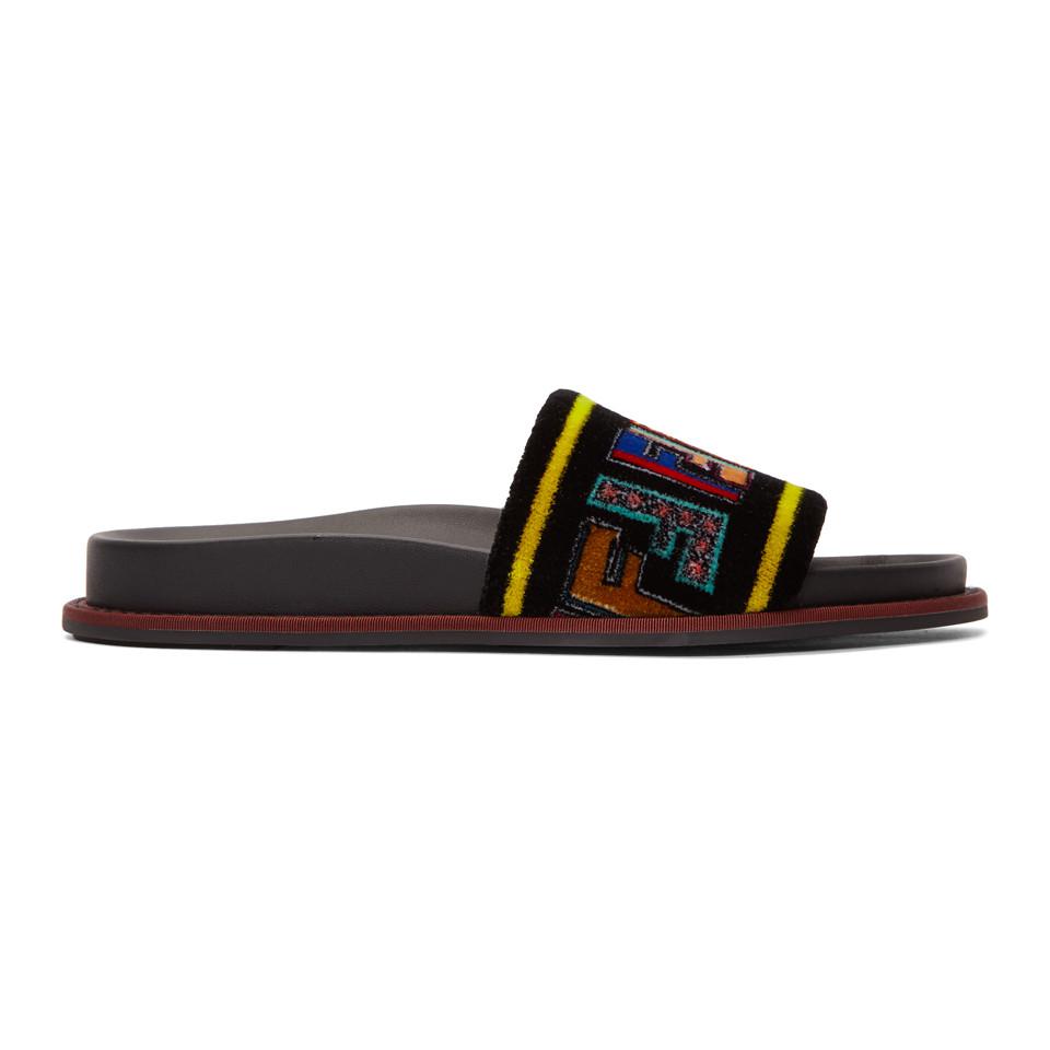 Fendi Multicolor Velvet Logo Slides in Black | Lyst