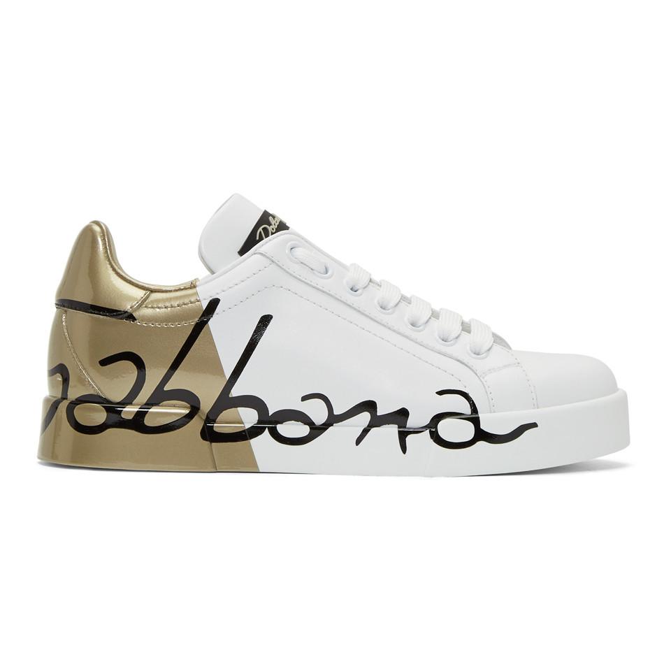 Dolce & Gabbana Gold Logo Printed Sneakers in White | Lyst