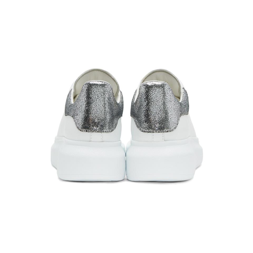 Alexander McQueen Leather White & Silver Oversized Sneakers | Lyst