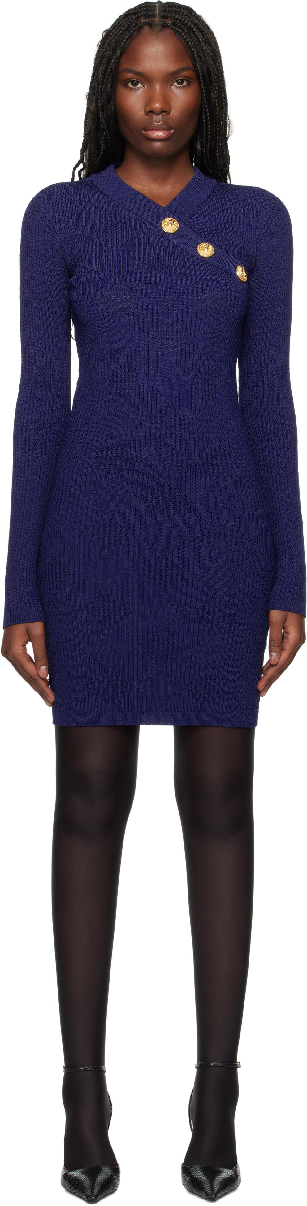 Balmain レディース ブルー Vichy Vネック ミニワンピース ワンピース