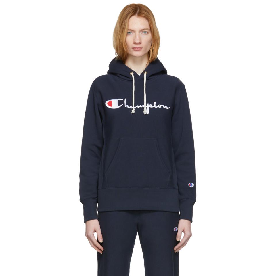 Champion Navy Script Logo Hoodie in Blue - Lyst