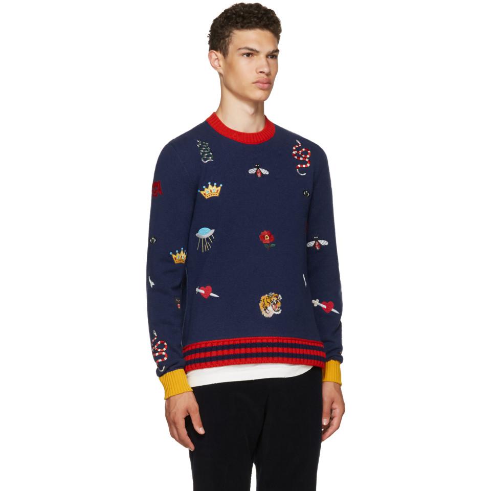 Gucci Wool Navy Embroidered Sweater in Blue for Men - Lyst