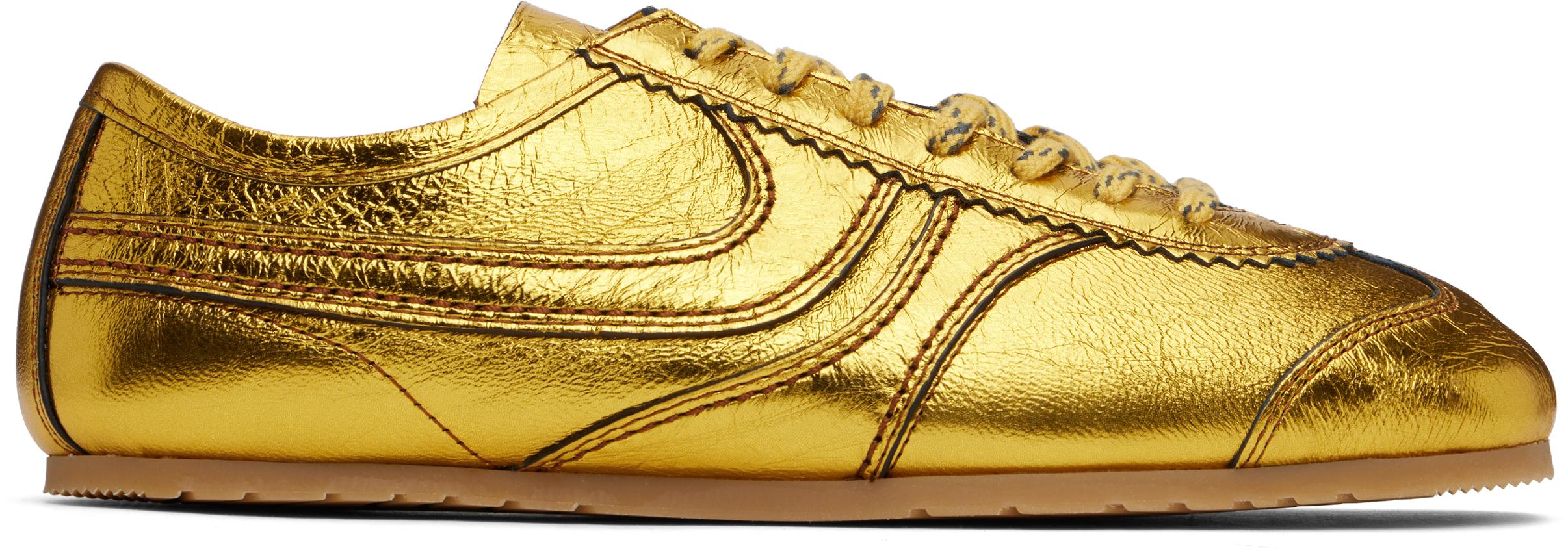 【関税込み】Dries Van Noten ゴールド メタリック スニーカー DRIES VAN NOTEN Paneled metallic crinkled-leather sneakers