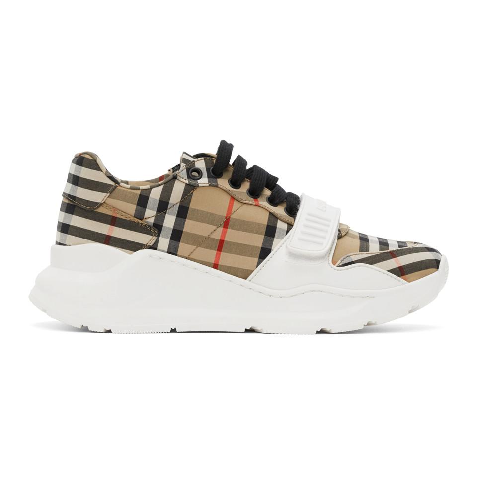 Burberry Cotton Beige Check Regis Sneakers in Natural for Men - Lyst