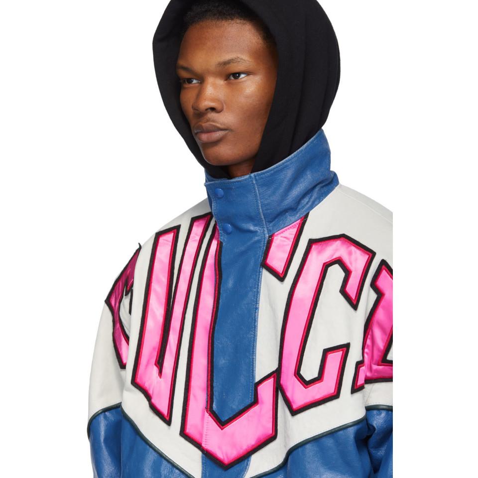 Gucci Logo Colorblocked Leather Bomber Jacket in Blue for Men | Lyst