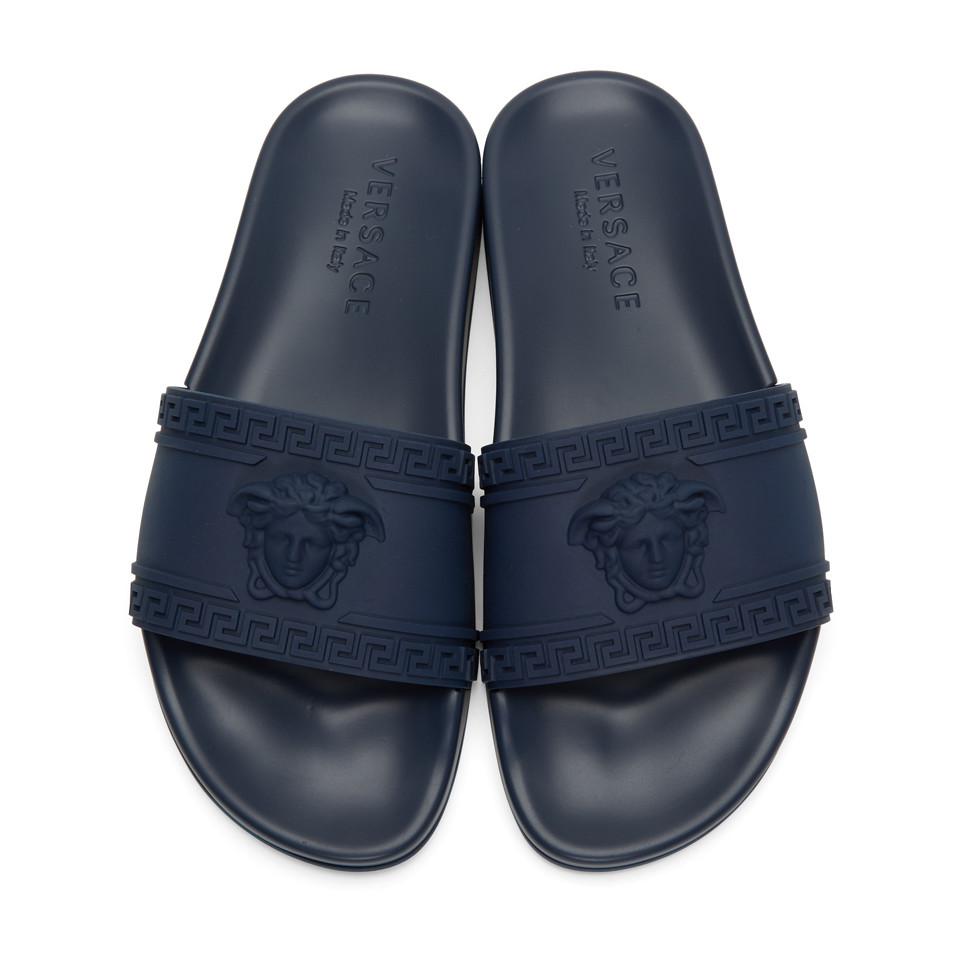 Versace Navy Medusa Slide Sandals in Blue for Men | Lyst