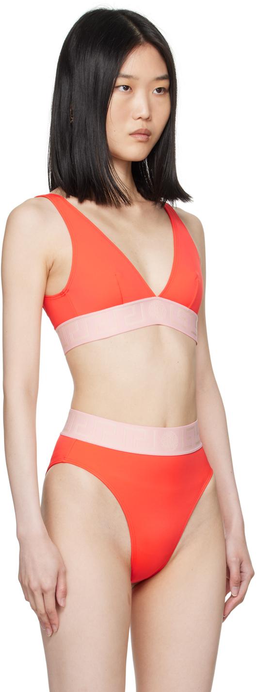 Versace レディース オレンジ グレカ ボーダー ビキニトップ