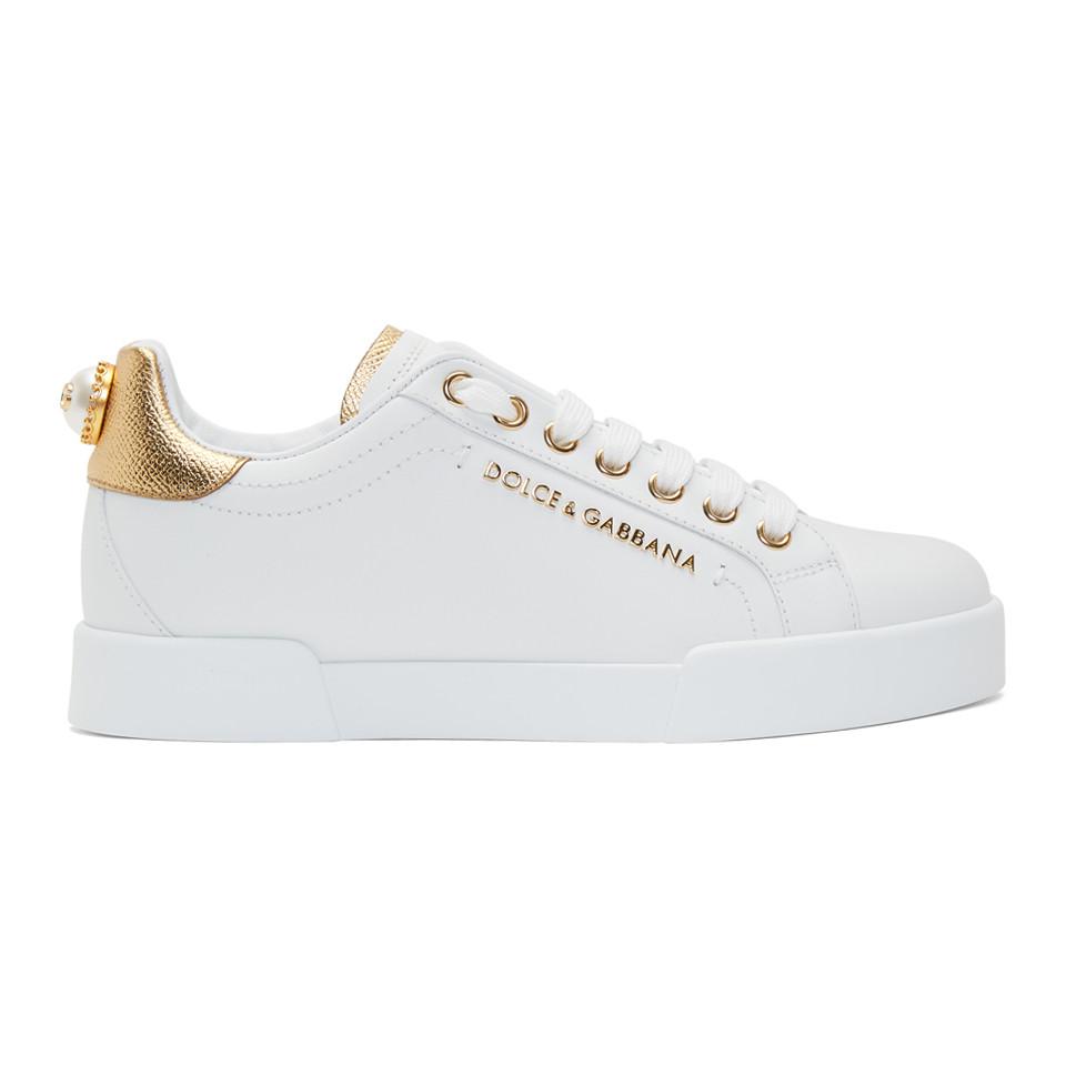 Dolce & Gabbana White And Gold Pearl Sneakers in Metallic | Lyst