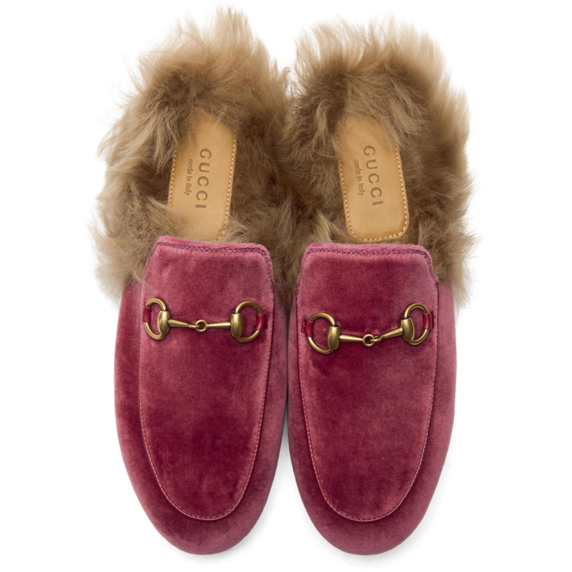 Lyst - Gucci Pink Velvet & Fur Princetown Slippers in Pink
