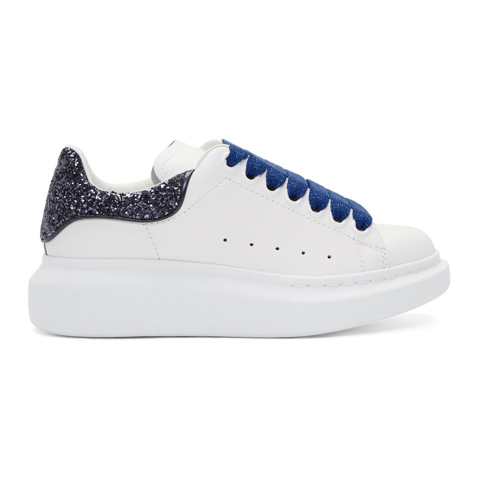 Alexander McQueen Leather White And Navy Glitter Oversized Sneakers in ...