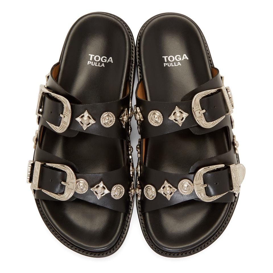 Toga Leather Black Double Buckle Charms Sandals | Lyst