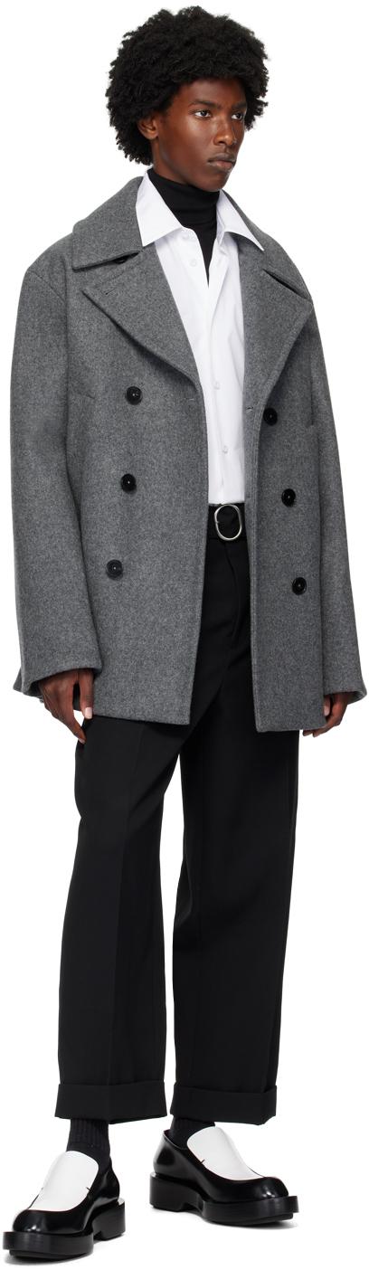 Jil Sander メンズ ブラック グレー ダブルブレスト ピーコート コート
