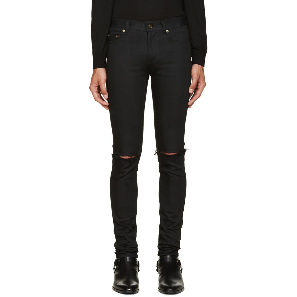 Saint Laurent Denim Black Original Low Waisted Ripped Skinny Jeans 