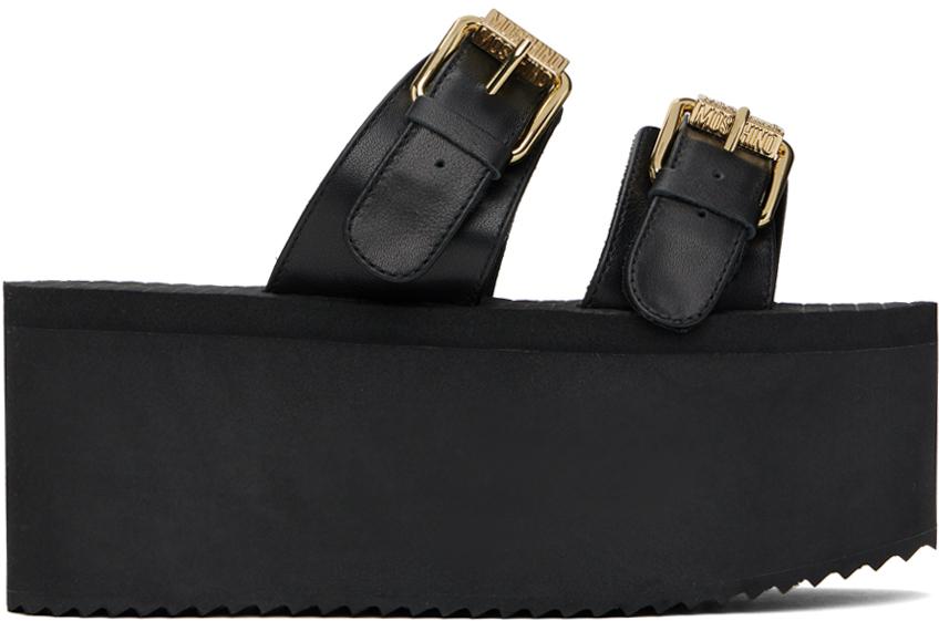 Moschino レディース ブラック レタリングロゴ ウェッジサンダル ヒール