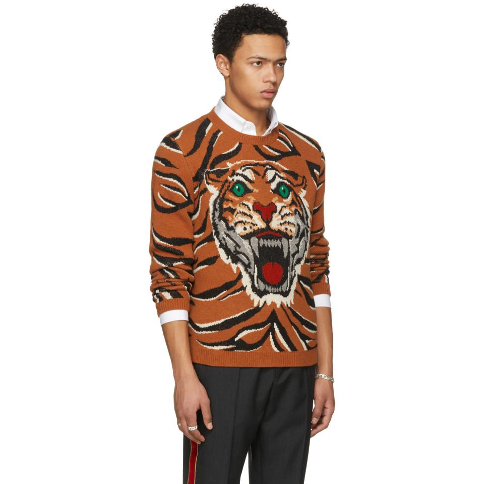 Gucci Orange Tiger Intarsia Sweater for Men