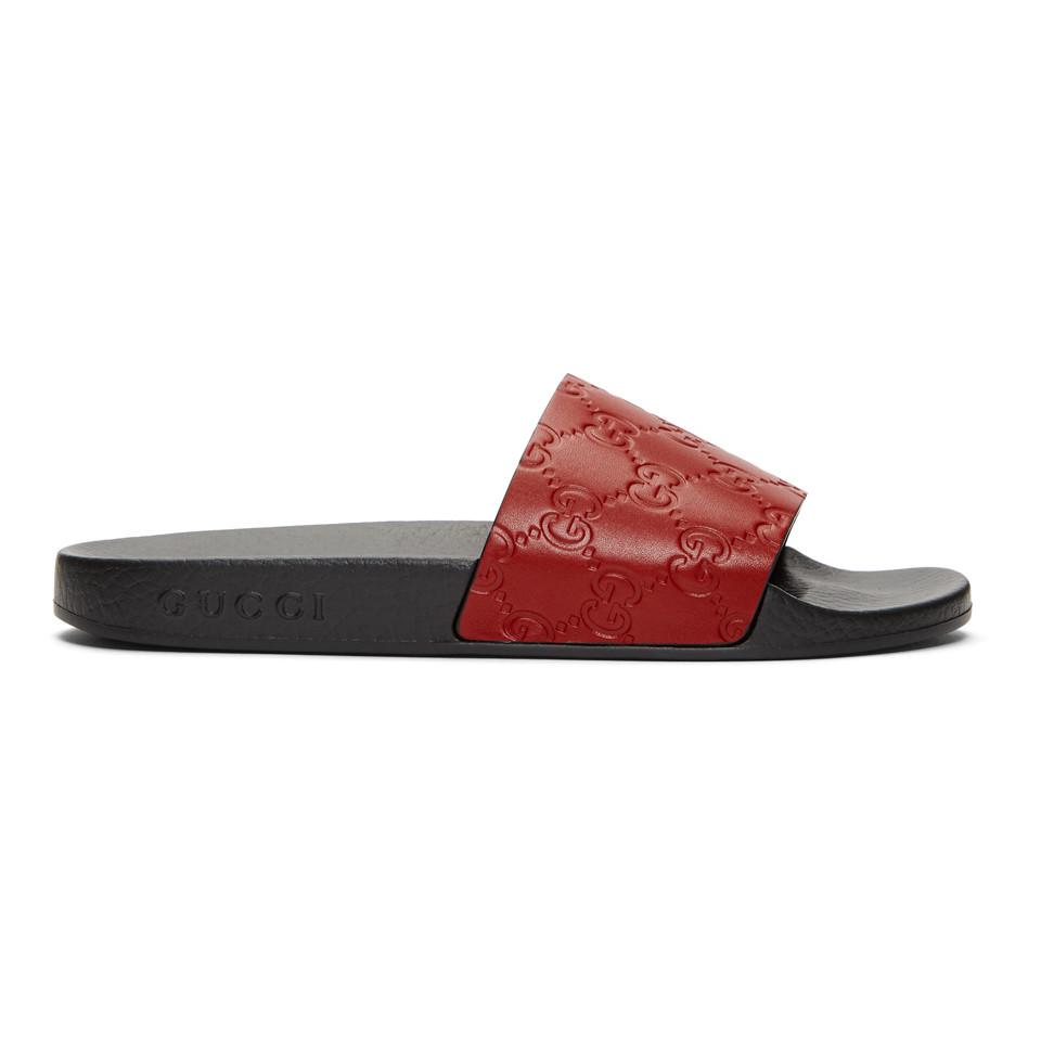 Gucci Leather Red GG Supreme Pool Slides | Lyst
