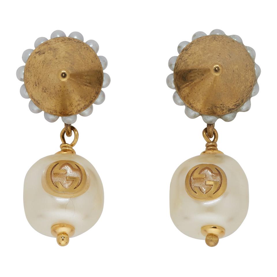 Gucci Gold Interlocking G Pearl Earrings in Cream (Metallic) - Lyst