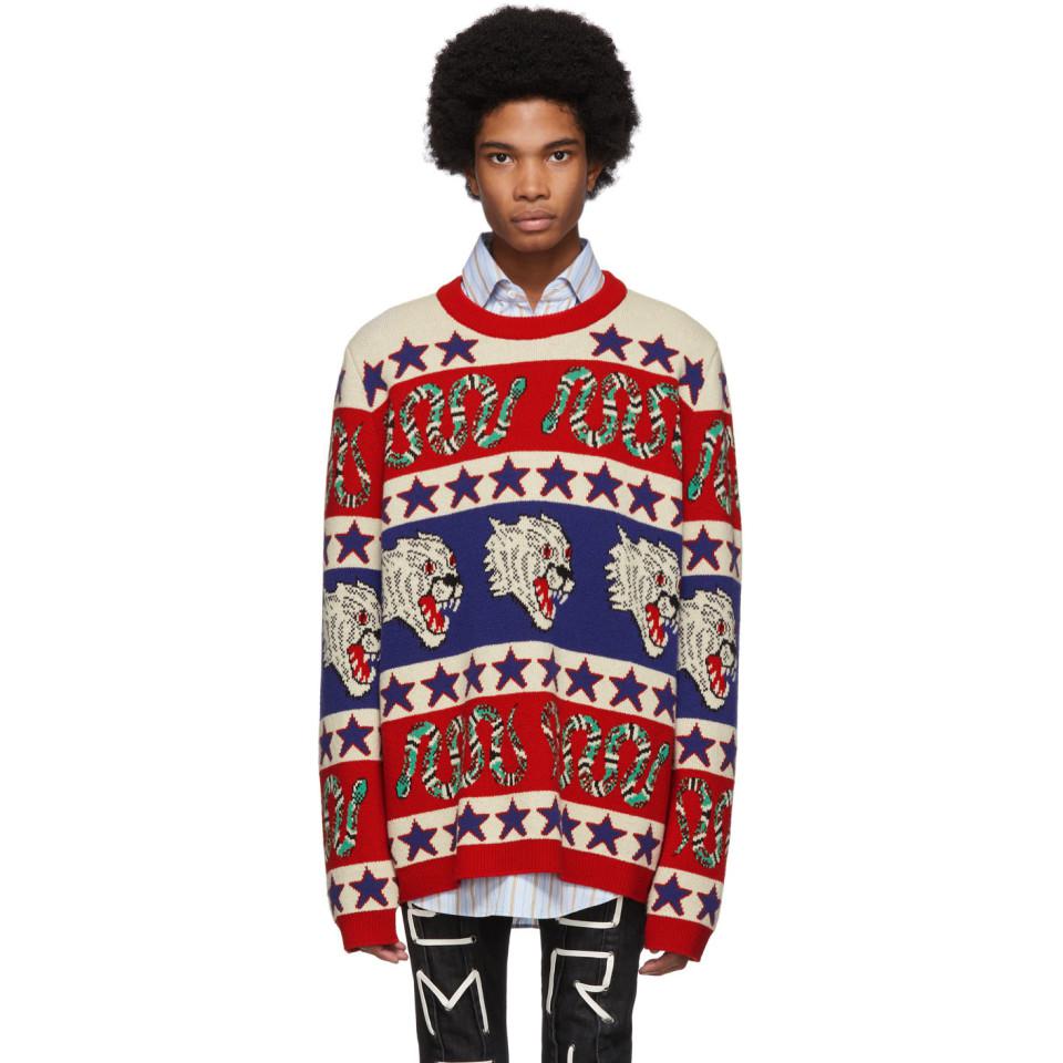 Gucci Wool Blue And Red Jacquard Symbols Sweater for Men - Lyst
