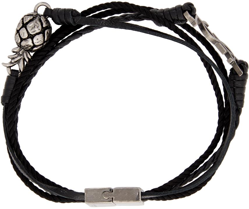 Saint Laurent Black Leather Braided Pineapple Monogram Bracelet