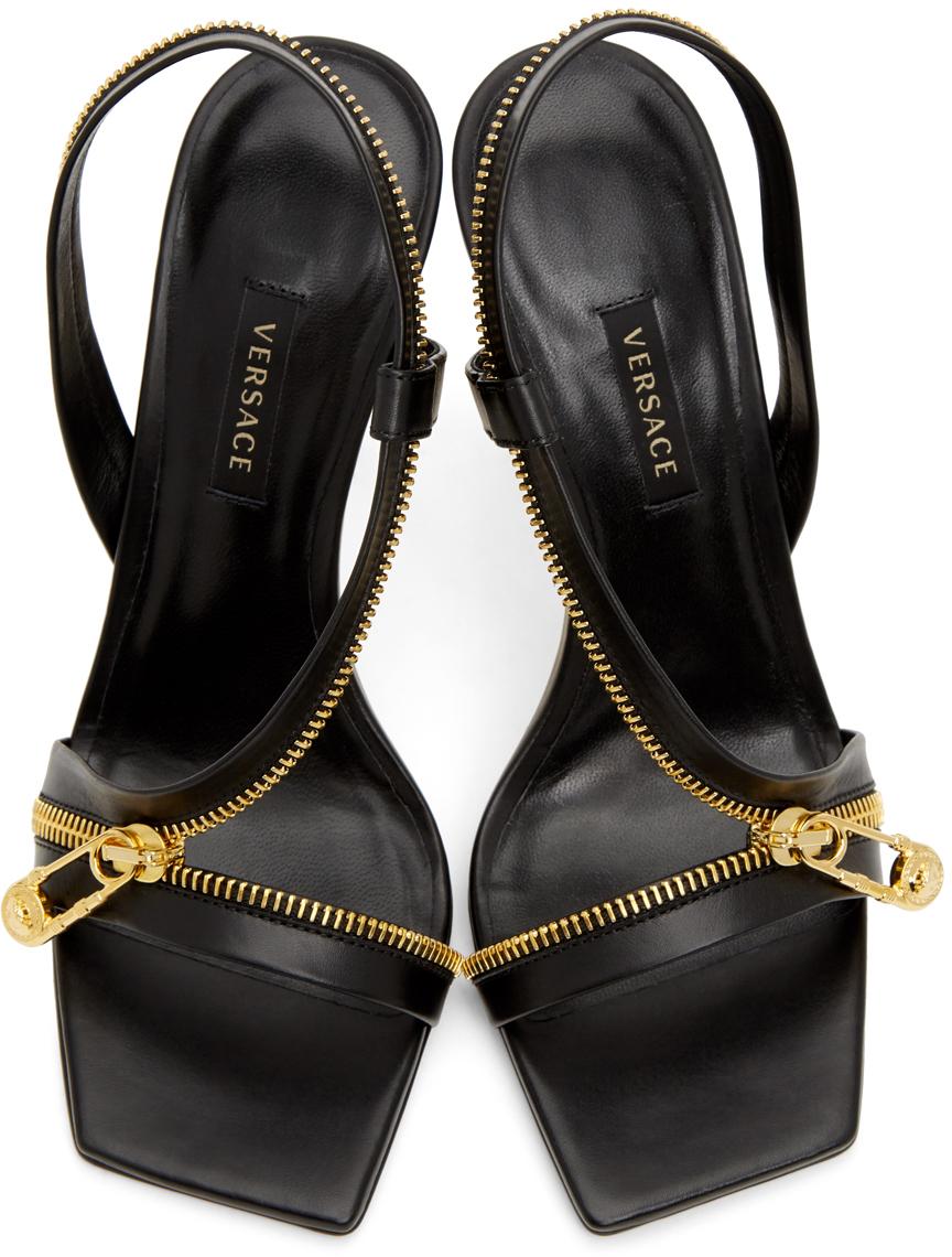Versace Safety Pin Zipper Leather Slingback Sandals in Black