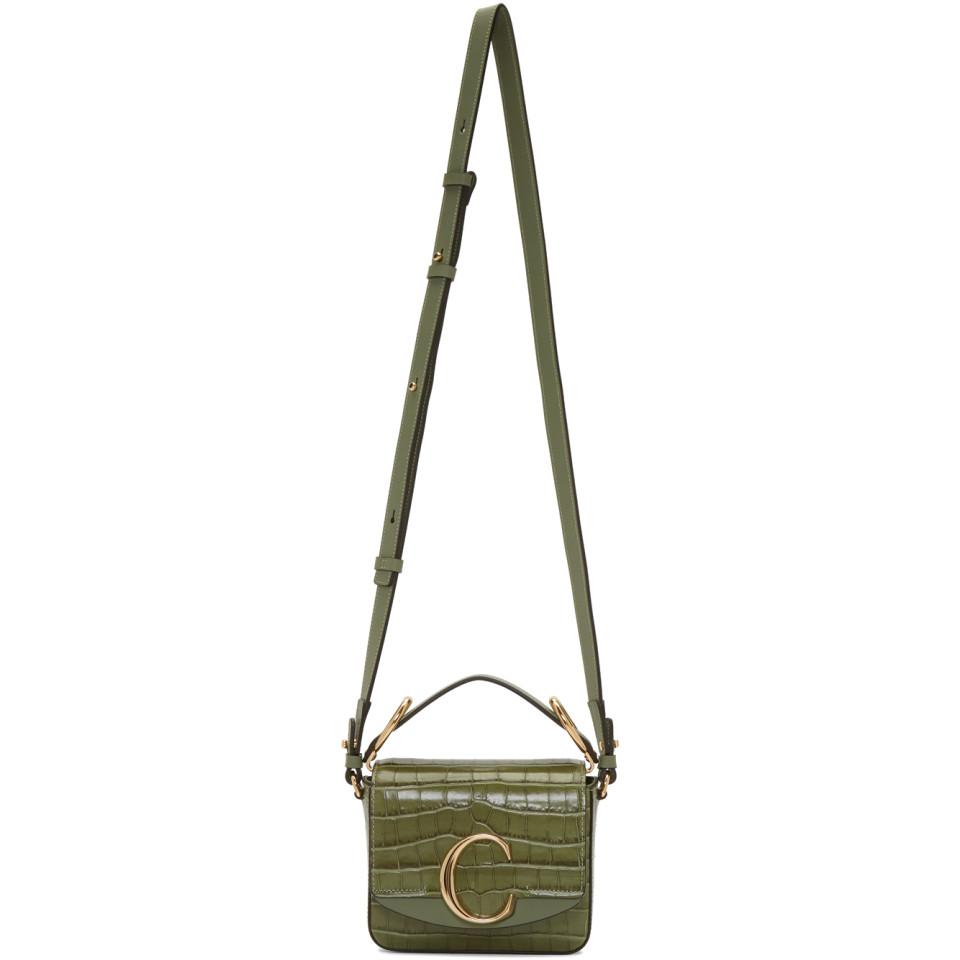 CHLOE Mini C Flap Double Carry Embossed Leather Crossbody Bag Green