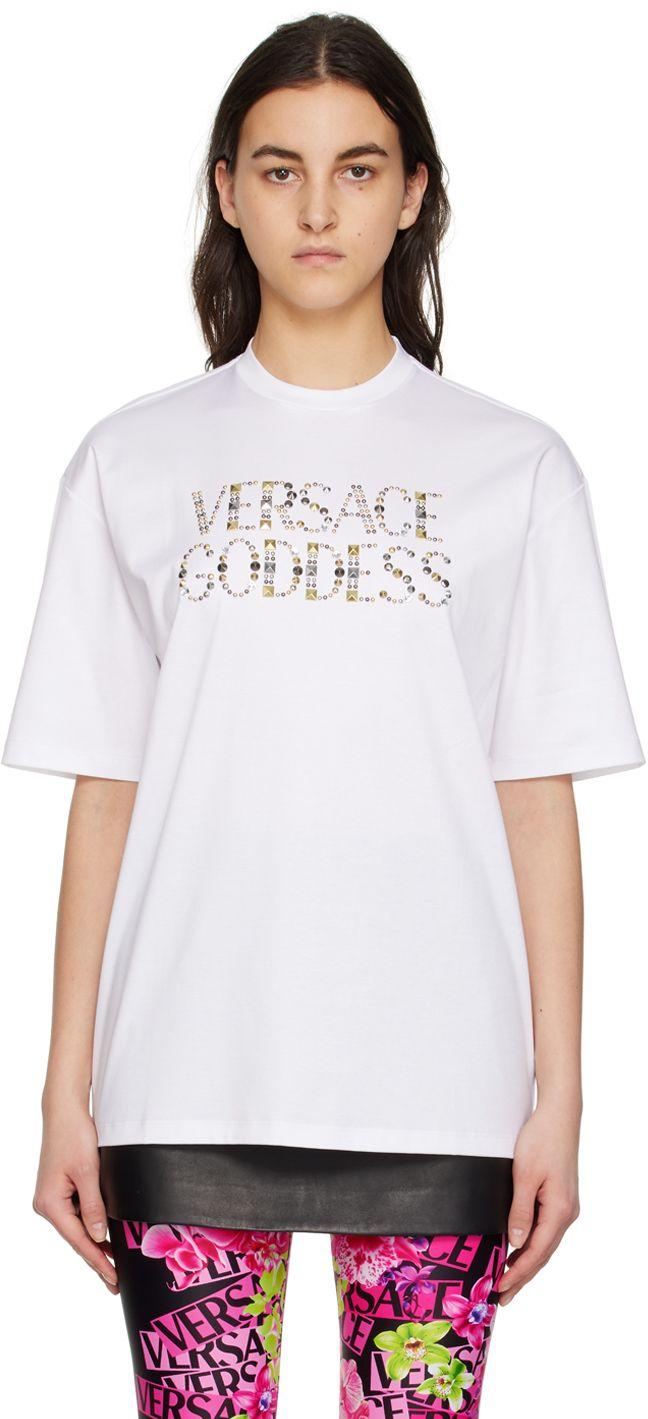 Versace White 'goddess' Studded T-shirt | Lyst