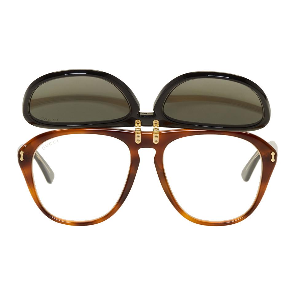 Gucci Black And Tortoiseshell Flip-up Pilot Sunglasses for Men | Lyst